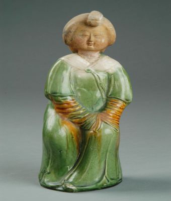 Tri-Color Sitting Female Figurine, Tang Tri-Color Glazed Pottery